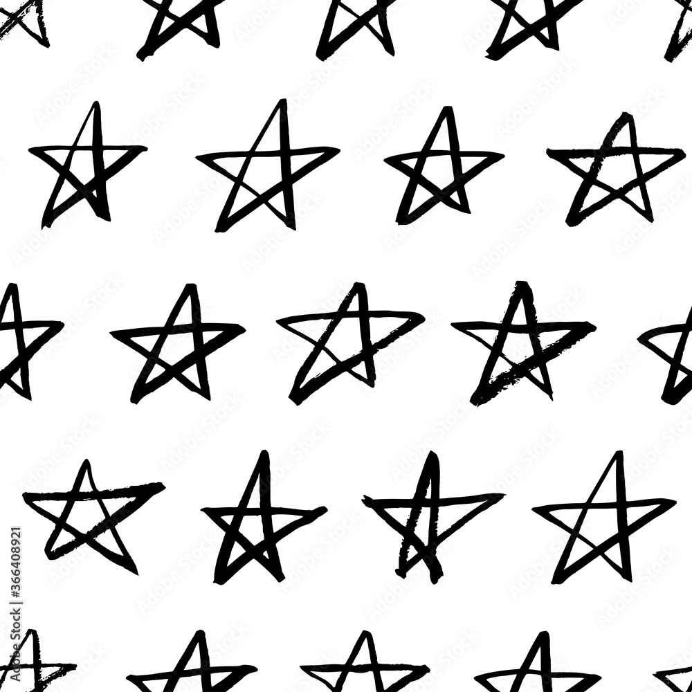 Geometric star vector seamless pattern. Hand drawn doodle stars. Modern black and white background. Scandinavian motif ornament. Pattern for kids clothings, nursery, textile or fabric print.