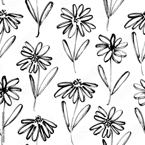 Brush flower vector seamless pattern. Hand drawn botanical ink illustration with floral motif. Chamomile or daisy painted by brush. Hand drawn black print for fabric, wrapping paper, wallpaper design