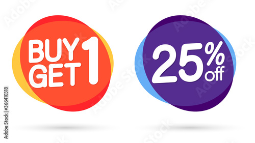 Set sale bubble banners design template, discount tags, buy 1 get 1 free, 25% off, app icons, vector illustration