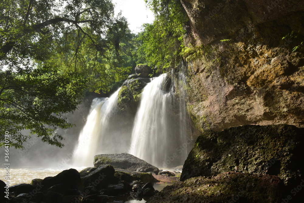 Fototapeta premium Haew Suwat Waterfall on raining day at Khaoyai National Park Korat, Thailand