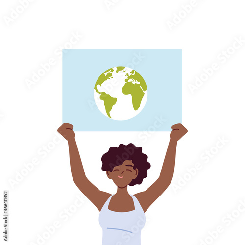 black woman cartoon holding banner board with world vector design
