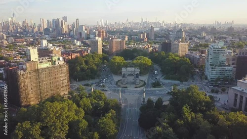 Aerial view of Grand Army Plaza in Brooklyn on a sunny summer morning with Manhattan and New York skyline in the background photo