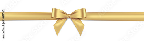 Golden bow realistic shiny satin and ribbon horizontal line with shadow vector EPS10 isolated on white background.