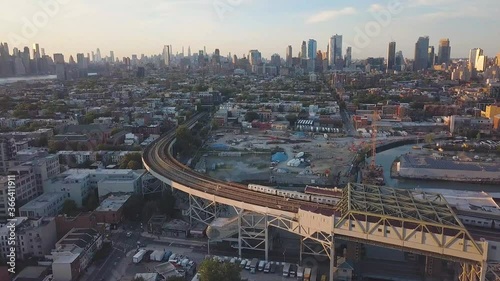 Aerial view of New York from the Brooklyn train tracks during sunset