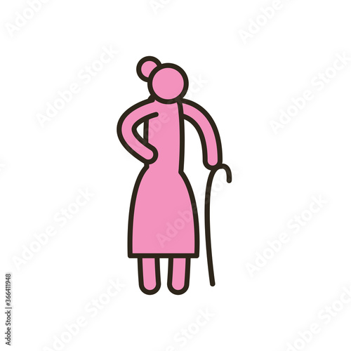 Grandmother with walking stick line and fill style icon vector design