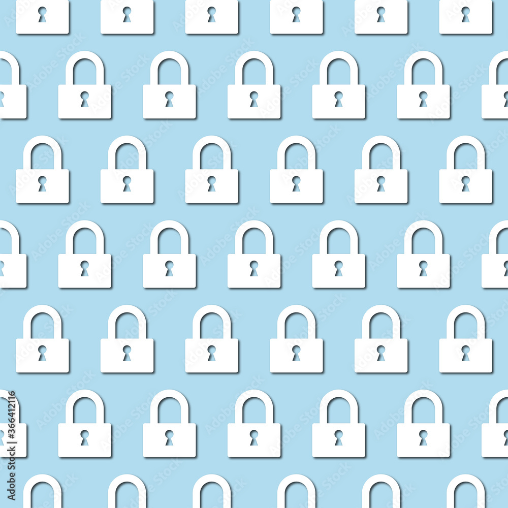 White lock icon on pale blue background, seamless pattern. Paper cut style with drop shadows White lock icon on pale blue background, seamless pattern. Paper cut style with drop shadows