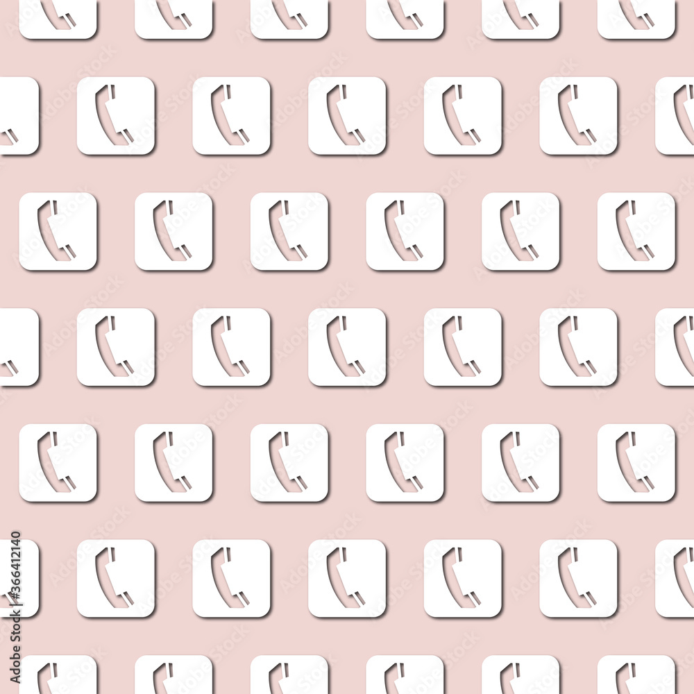 White handset icon on pale pink background, seamless pattern. Paper cut style with drop shadows