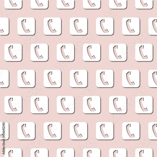 White handset icon on pale pink background  seamless pattern. Paper cut style with drop shadows