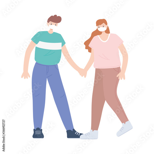 people with medical face mask, couple holding hands