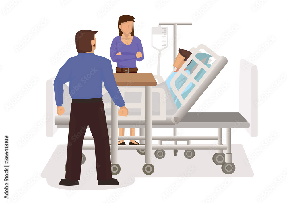 Friends visit a sick patient in hospital. Surgery recovery concept. Friends visit a sick patient in hospital. Surgery recovery concept.