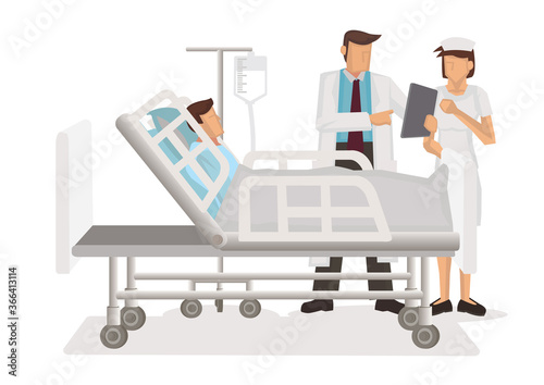 Doctor and nurse with tablet computer visiting patient man at hospital ward. Medicare concept.
