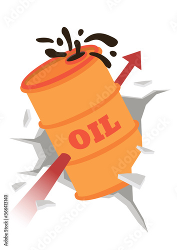 Oil barrel breaking though the wall with a rising arrow.