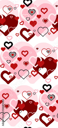 Cute seamless pattern. Hearts overlapping in red, white, pink, and black.