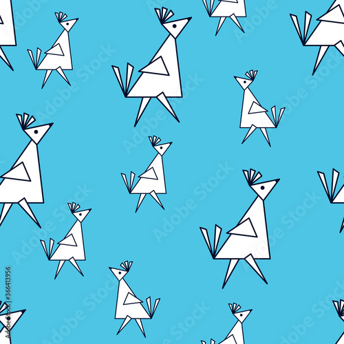 Children's seamless pattern with white bird. Fun geometric animals background