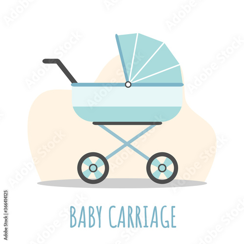 Baby carriage icon. Blue pram on white background. Vector illustrations in flat style.
