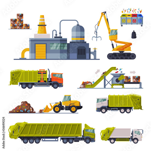 Industrial Garbage Recycling Set, Waste Processing Factory, Garbage Truck, Garbage Collection, Transportation, Separation and Recycling Flat Vector Illustration