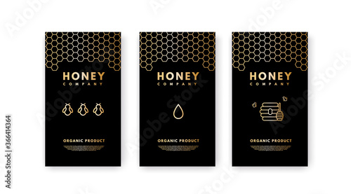 Vector set of social media stories Honey gold gradient honey bee, honeycombs, honey stick, beehive. Design templates, backgrounds, banners, blanks, posters, advertising. Isolated on black background