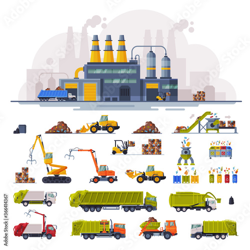 Waste Processing Plant, Industrial Garbage Recycling, Heavy Machinery Vehicles for Garbage Transportation, Separation and Recycling Set Vector Illustration photo