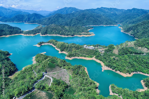 Thousand Island Lake Aerial Photography - Birds eye view use the drone photography, shot from Bagua Tea Garden at Feitsui Dam in Shiding District, New Taipei, Taiwan.