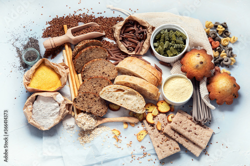 Different types of high carbohydrate food. photo