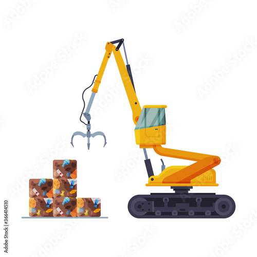 Grapple Bulldozer Packaging Garbage into Stacks, Waste Collection, Transportation and Recycling Concept Flat Style Vector Illustration