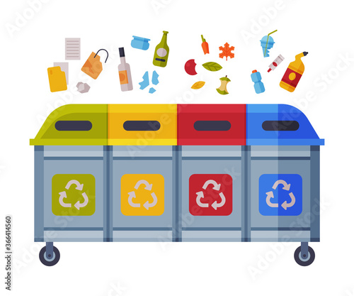 Waste Sorting, Different Trash Bins with Sorted Garbage, Paper, Glass, Organic, Plastic Kinds of Trash Flat Style Vector Illustration on White Background