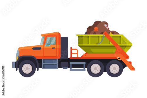 Truck Carrying Garbage, Heavy Sanitary Vehicle, Waste Collection, Transportation and Recycling Concept Flat Style Vector Illustration