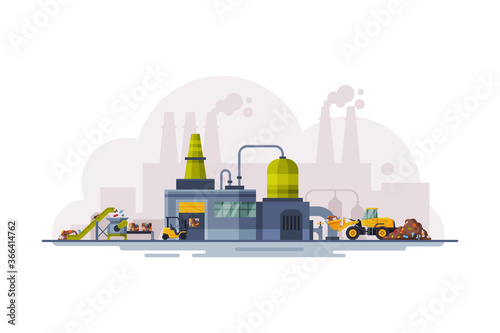 Waste Processing Plant, Garbage Collection, Separation and Recycling Concept Flat Style Vector Illustration on White Background
