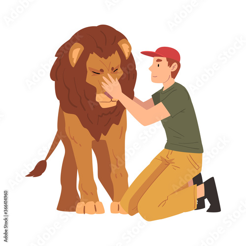 Male Zoo Worker Stroking Lion, Veterinarian or Professional Zookeeper Character Caring of Wild Animals in Zoo Cartoon Vector Illustration