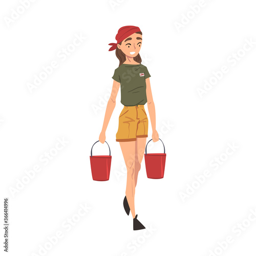 Female Zoo Worker Carrying Two Buckets of Water, Volunteer or Zookeeper Character in Uniform Caring of Wild Animals in Zoo Cartoon Vector Illustration