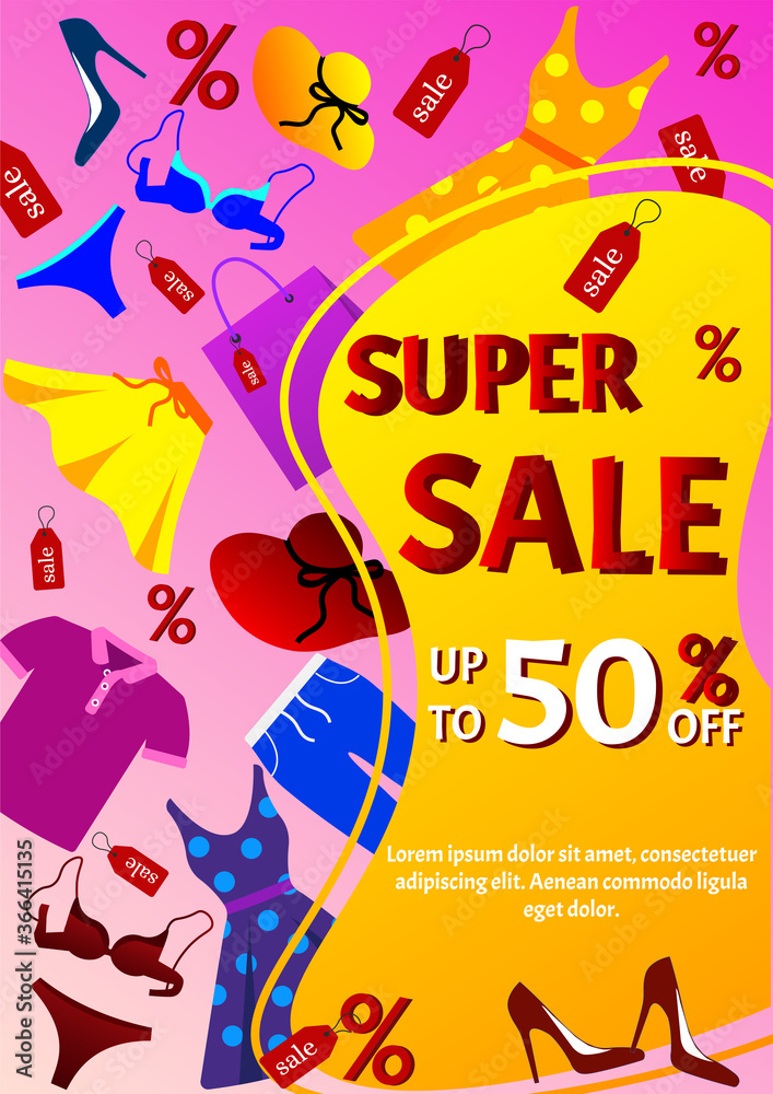 Super sale promo banner with clothes and different elements of wardrobe. Vector illustration for special  offer, flyer, advertising, commercial, banner.