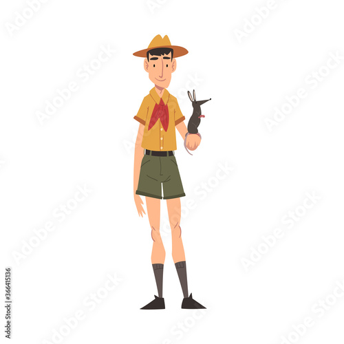 Male Zoo Worker holding Rat in his Hand, Veterinarian or Professional Zookeeper Character in Uniform Caring of Wild Animals in Zoo Cartoon Vector Illustration