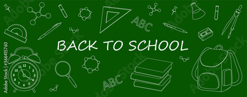 Banner back to school on a green background vector illustration. Stationery draw with pencils notebooks paper planers scissors books rulers