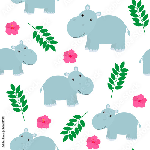Seamless pattern cute hippopotamus tropical leaves and flowers vector illustration