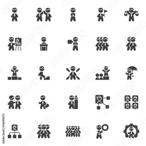 Business people vector icons set, modern solid symbol collection, filled style pictogram pack. Signs, logo illustration. Set includes icons as businessman with tie, partnership handshake, team leader