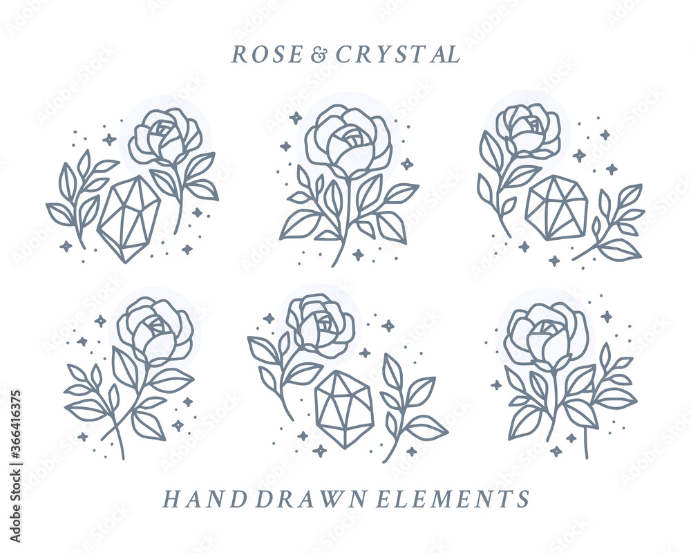Vector feminine logo design templates in trendy linear minimal style. Rose flowers, leaf, stars, and crystals. Symbols and icons for cosmetics, jewellery, beauty and handmade products