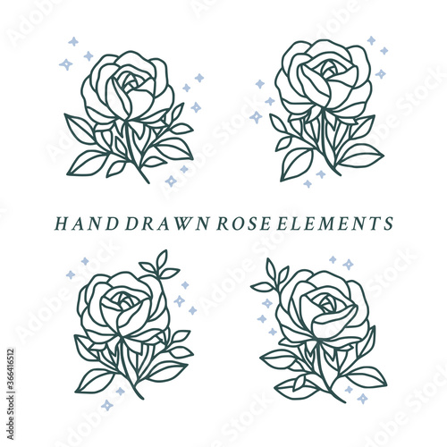 Vector feminine logo design templates in trendy linear minimal style. Rose flowers. Symbols and icons for cosmetics, jewellery, beauty and handmade products