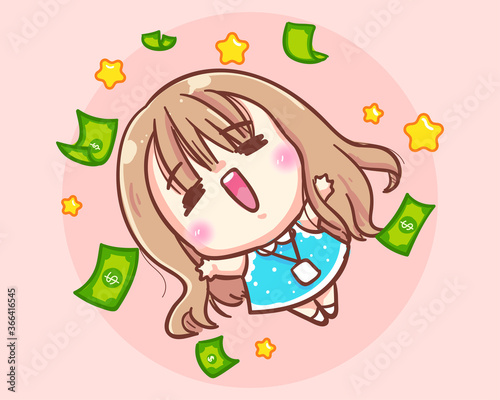 Office Women  is happy to receive the money.. Office cute girl cartoon art illustration Premium Vector