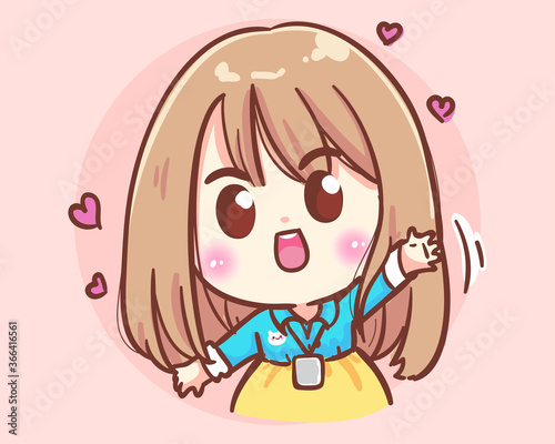 Smiling Office Women hand up. Office cute girl cartoon art illustration Premium Vector