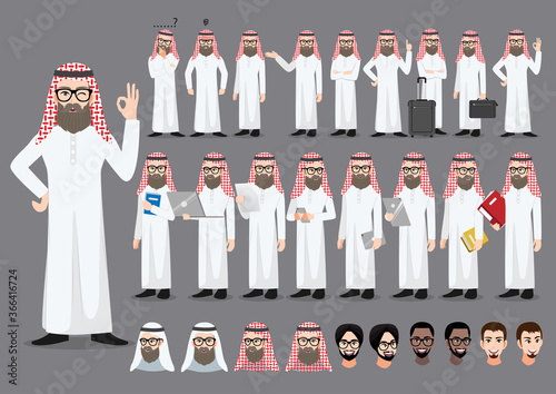 Saudi Arab businessman cartoon character set with different business activity and various poses. Vector illustration