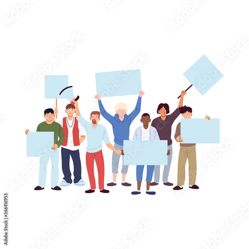 men cartoons holding banners boards vector design