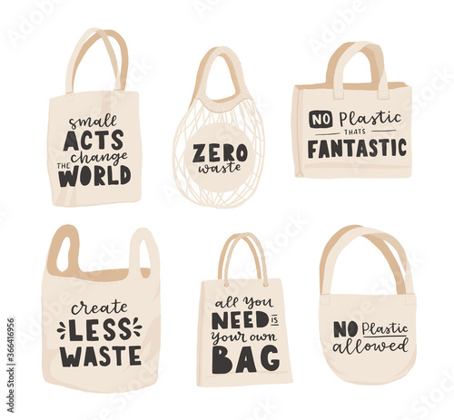 Tote bag with hand drawn lettering. Plastic Free Future and set of produce bags for shopping, storage. Flat style vector illustration for eco store, organic food shop, local market banner, vegan site