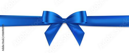 Blue bow realistic shiny satin and ribbon horizontal line with shadow vector EPS10 isolated on white background.