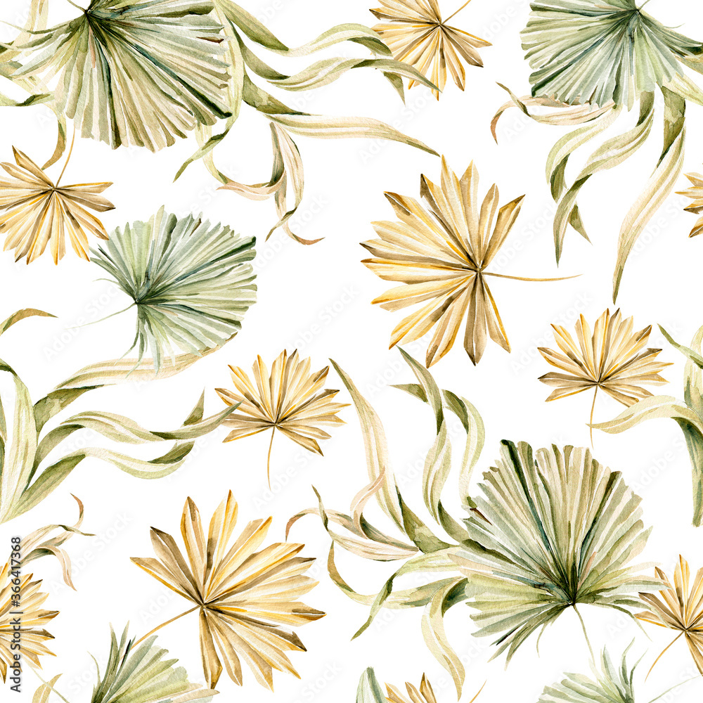 Watercolor boho summer elegant seamless pattern with hand painted tropical dried palm leaves, branches of green grass. Romantic floral set perfect for fabric textile, wedding greeting cards Watercolor boho summer elegant seamless pattern with hand painted tropical dried palm leaves, branches of green grass. Romantic floral set perfect for fabric textile, wedding greeting cards