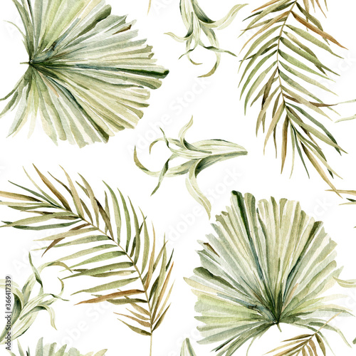 Watercolor boho summer elegant seamless pattern with hand painted tropical dried palm leaves, branches of green grass. Romantic floral set perfect for fabric textile, wedding greeting cards