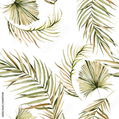 Watercolor boho summer elegant seamless pattern with hand painted tropical dried palm leaves  branches of green grass. Romantic floral set perfect for fabric textile  wedding greeting cards