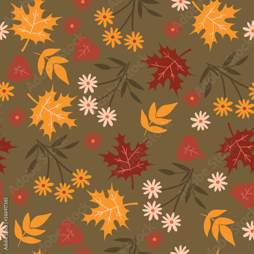 Seamless pattern with flowers and autumn leaves. Vector graphics.