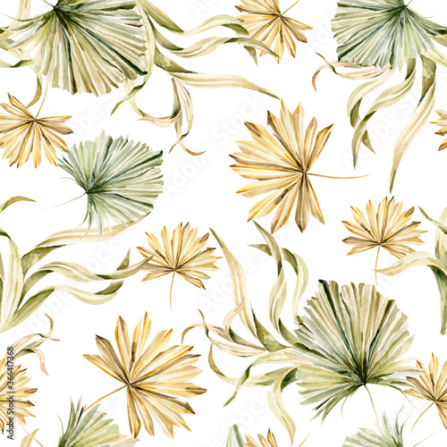 Watercolor boho summer elegant seamless pattern with hand painted tropical dried palm leaves, branches of green grass. Romantic floral set perfect for fabric textile, wedding greeting cards © 60seconds