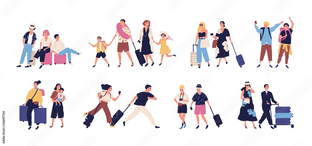 Set of scenes with tourists, people going on summer vacation, journey, trip. Young, elderly couple, families, kids with baggage, luggage at airport. Flat cartoon vector illustration isolated on white Set of scenes with tourists, people going on summer vacation, journey, trip. Young, elderly couple, families, kids with baggage, luggage at airport. Flat cartoon vector illustration isolated on white