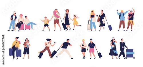 Set of scenes with tourists  people going on summer vacation  journey  trip. Young  elderly couple  families  kids with baggage  luggage at airport. Flat cartoon vector illustration isolated on white
